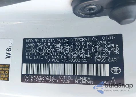 2007 Scion Tc z USA, uszkodzony, nr VIN JTKDE177670202128